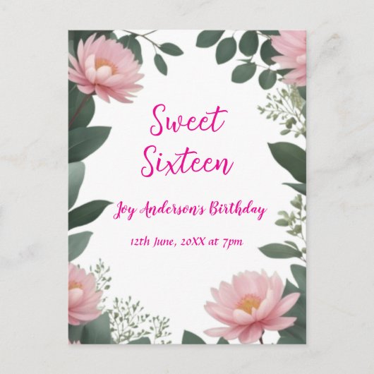 ヴィンテージ ピンクの花 緑のユーカリ 16歳の誕生日 ポストカード (正面)
