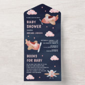 ヴィンテージ ピンクの飛行機 ネイビーブルーのベイビーシャワー オールインワン招待状 (内側)