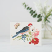 ヴィンテージ ピンクの鳥と蝶の花卉アートプリント ポストカード (スタンド正面)