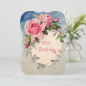 ヴィンテージ，ピンクローズ， 90誕生日,招待状 招待状 (スタンド正面)