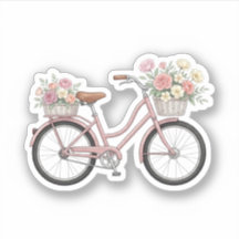 ヴィンテージ ピンク自転車フラワーバスケットステッカー