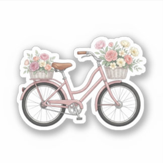 ヴィンテージ ピンク自転車フラワーバスケットステッカー シール