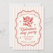 ヴィンテージ ピンク クリーム カップィド ボウ ハート バレンタイン アート 招待状 (正面)