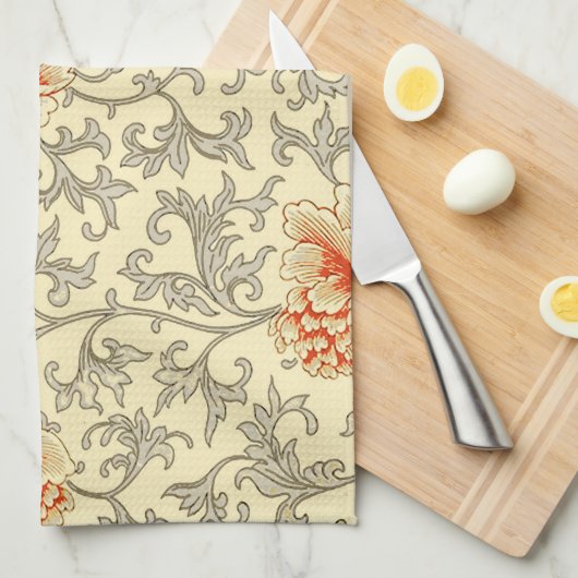 ヴィンテージ ピンク グレー ボタニカル フローラル キッチンタオル (四つ折り)