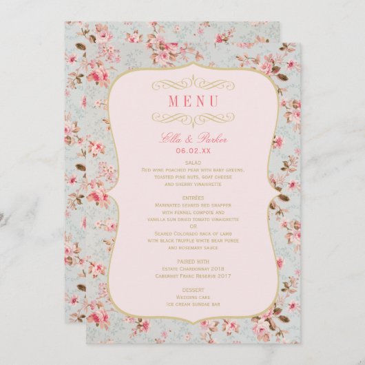 ヴィンテージ ピンク ゴールド フローラル ガーデン パーティー ウェディング メニュー (正面/裏面)