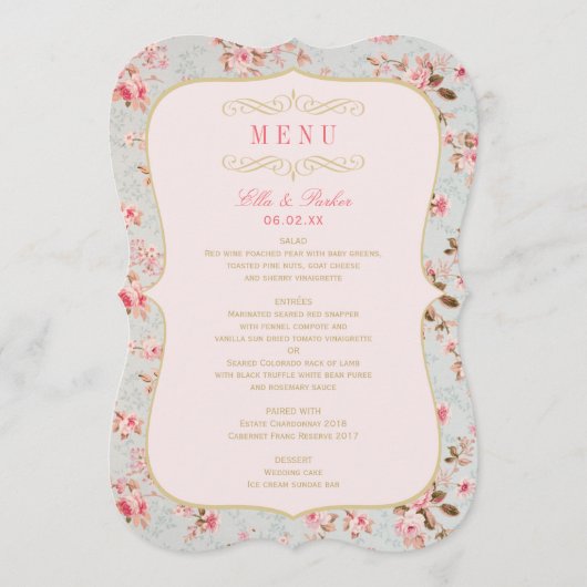 ヴィンテージ ピンク ゴールド フローラル ガーデン パーティー ウェディング メニュー (正面)