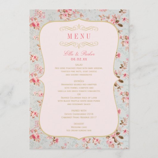 ヴィンテージ ピンク ゴールド フローラル ガーデン パーティー ウェディング メニュー (正面)