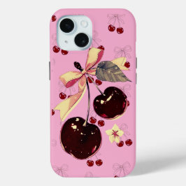 ヴィンテージ ピンク チェリーとリボン柄 iPhoneケース iPhone 15ケース