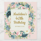 ヴィンテージ ピンク ティール 花柄 40歳の誕生日 ワインラベル (シングルラベル)
