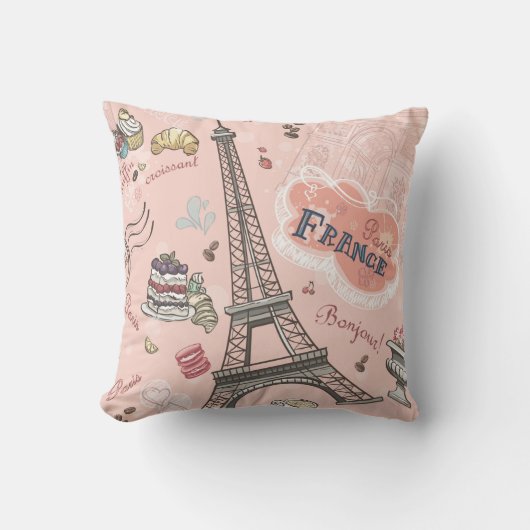 ヴィンテージ，ピンク，パリ，フランス，パターン，フローラ，シック，おもしろい, クッション (正面)