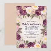 ヴィンテージ ピンク パープル バーガンディ フローラル 70歳の誕生日 招待状 (正面/裏面)