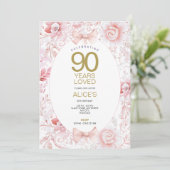 ヴィンテージ ピンク フラワーの90歳の誕生日招待状 招待状 (スタンド正面)