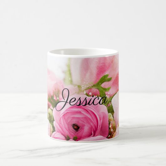 ヴィンテージ·ピンク·フラワーズ·ウィズ·ユア·ネーム コーヒーマグカップ (中央)