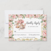 ヴィンテージ ピンク フラワーズ ハイティーパーティー ベイビー ブライダル 出欠カード (正面)