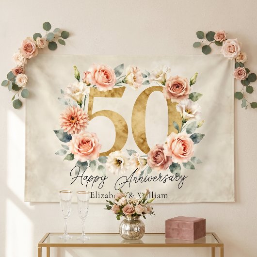 ヴィンテージ ピンク フラワー ゴールド 50周年 結婚記念日 横断幕