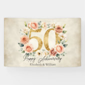 ヴィンテージ ピンク フラワー ゴールド 50周年 結婚記念日 横断幕 (横)
