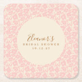 ヴィンテージ ピンク フラワー スクリプト ブライダル シャワー カスタム スクエアペーパーコースター (正面)