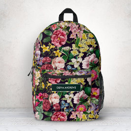 ヴィンテージ ピンク フラワー ブラック モノグラム パターン プリントバックパック