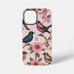 ヴィンテージ ピンク フラワー 鳥 植物 モノグラム iPhone 12 MINIケース