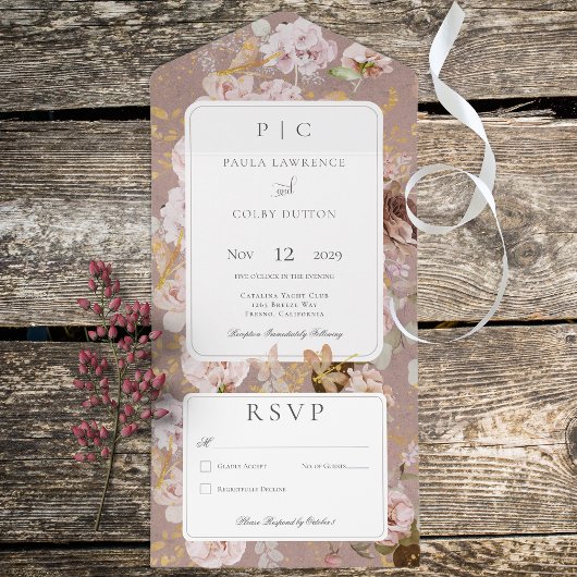 ヴィンテージ ピンク ブラッシュ フラワーモノグラム 夕食会 オールインワン招待状