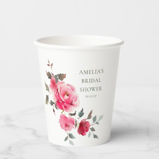 ヴィンテージ ピンク レッド ローズ 水彩 結婚前のお茶会 紙コップ (正面)