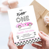 ヴィンテージ ピンク レーシングカー 1歳 誕生日 招待状
