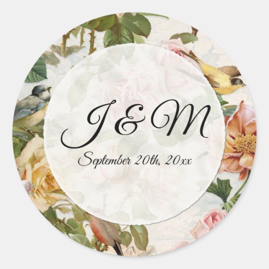 ヴィンテージ ピンク ローズ フラワーバード モノグラム エンベロープ ラウンドシール (正面)