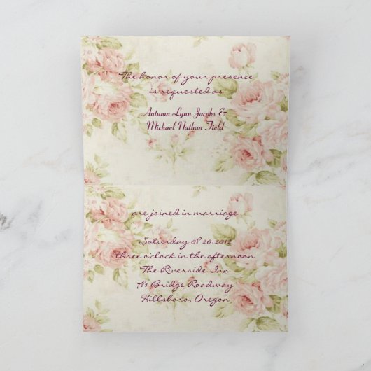 ヴィンテージ ピンク ローズ フローラル スチームパンク ウェディング 招待状 (内部)