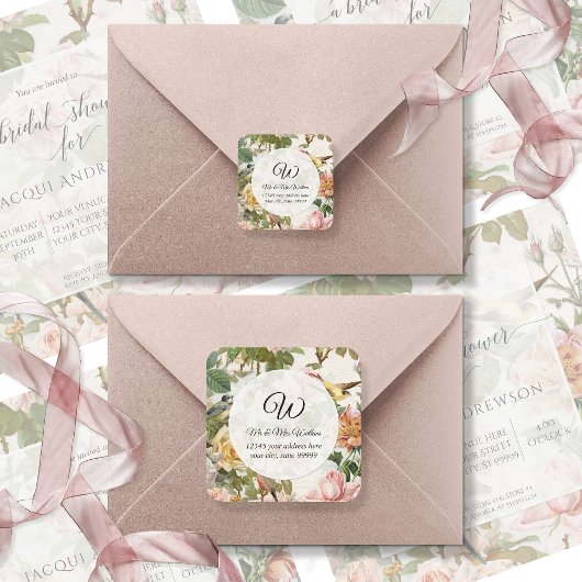 ヴィンテージ ピンク ローズ フローラル モノグラム 返信住所 ラウンドシール