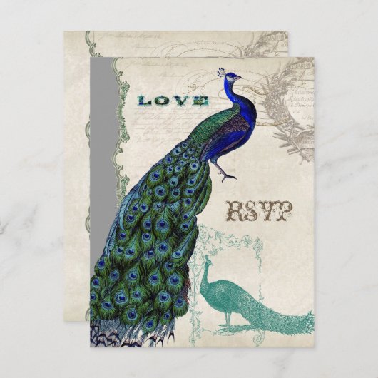 ヴィンテージ　ピーコック５　－　フォーマルな結婚式の招待状 エンクロージャーカード (正面/裏面)