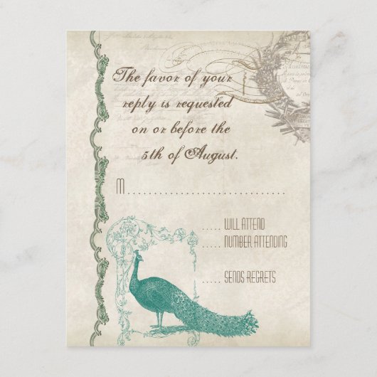 ヴィンテージ　ピーコック５　－　フォーマルな結婚式の招待状 エンクロージャーカード (裏面)