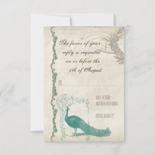 ヴィンテージ ピーコック5 - フォーマルな結婚式の招待状 出欠カード (裏面)