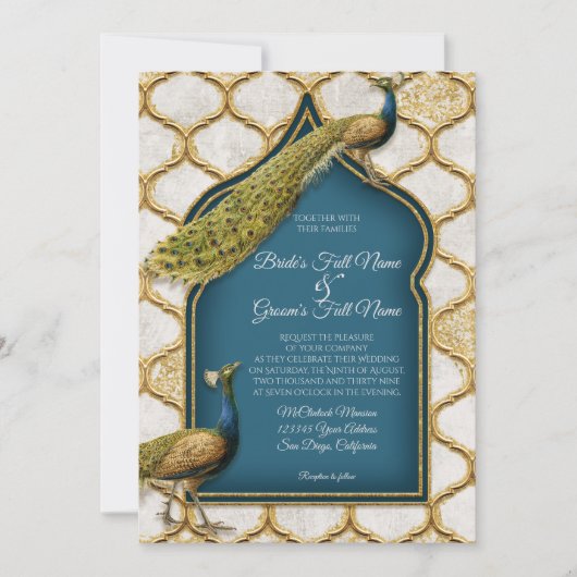 ヴィンテージ・ピーコック・フェザーズ・アラ結婚ベスク・金ゴールドズ 招待状 (正面)
