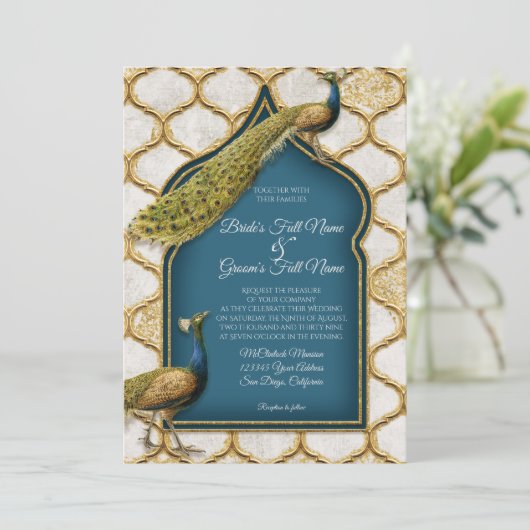ヴィンテージ・ピーコック・フェザーズ・アラ結婚ベスク・金ゴールドズ 招待状 (スタンド正面)