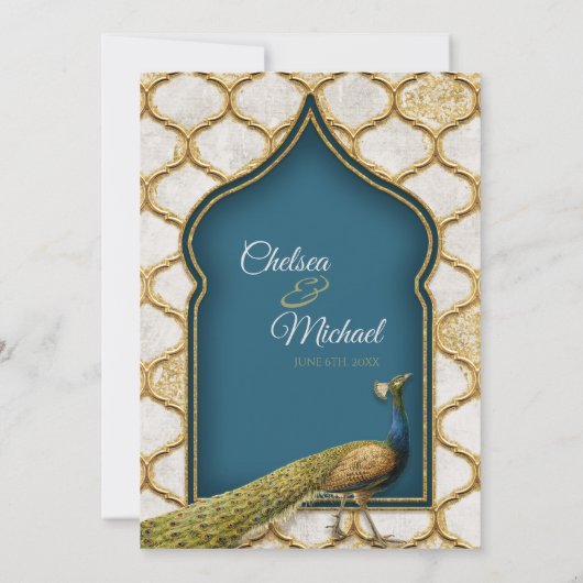 ヴィンテージ・ピーコック・フェザーズ・アラ結婚ベスク・金ゴールドズ 招待状 (裏面)