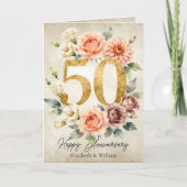 ヴィンテージ ピーチ フラワー ゴールド 50回目 結婚記念日 カード (正面)