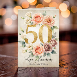 ヴィンテージ ピーチ フラワー ゴールド 50回目 結婚記念日 カード