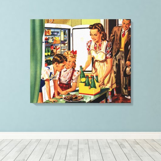 ヴィンテージ ファミリー、子供たちとママ、キッチンでのおやつ キャンバスプリント (インサイチュ (ウッドフロア))