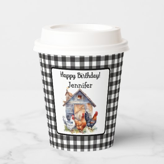ヴィンテージ ファームハウス スタイルのニワトリ 誕生日 紙コップ (正面)