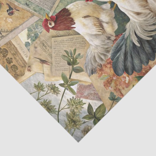 ヴィンテージ ファームハウス ニワトリと雄鳥のコラージュ 薄葉紙 (詳細)