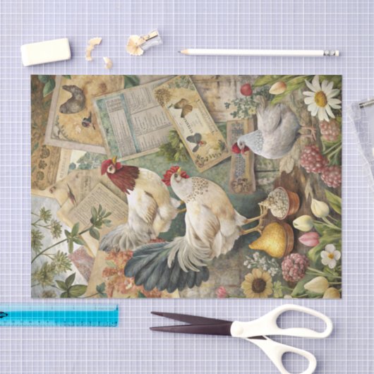 ヴィンテージ ファームハウス ニワトリと雄鳥のコラージュ 薄葉紙 (クラフト)