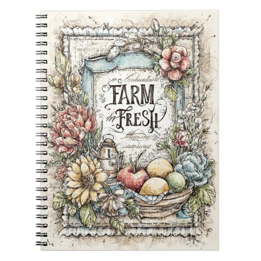 ヴィンテージ ファーム フレッシュ フルーツと野菜の模様 ノートブック (正面)