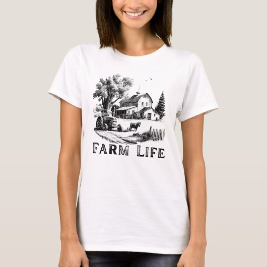 ヴィンテージ ファーム ライフ - 田舎の納屋とトラクター デザイン Tシャツ (正面)