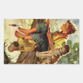 ヴィンテージ フィッシング、少年と彼の子犬と虫たち 長方形シール (正面)