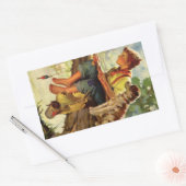 ヴィンテージ フィッシング、少年と彼の子犬と虫たち 長方形シール (封筒)