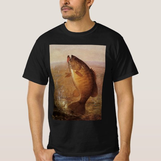 ヴィンテージ フィッシング、釣り線上のコクチバス Tシャツ (正面)