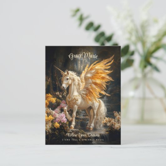 ヴィンテージ・フェアリーテイル・ゴールド・フォレスト・ユニコーン・ファンタジー ポストカード (スタンド正面)