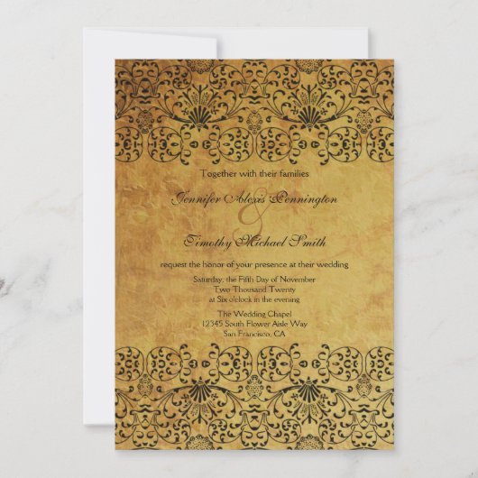 ヴィンテージ フェード ブラック ゴールド ダマスク 結婚式招待状 招待状 (正面)