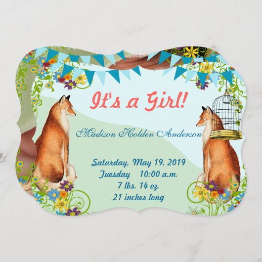 ヴィンテージ フォックス バンティング ガーデン ベイビー ガール アナウンスメント 案内状 (正面/裏面)