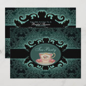 ヴィンテージ フォレスト ダマスク フローラル ティーカップ ティーパーティー 招待状 (正面/裏面)